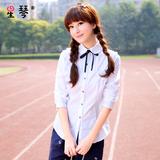 2016少女春装韩版初高中学生娃娃领纯棉白色学院风打底衬衫长袖