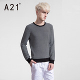 A21男装条纹圆领长袖毛衣 时尚撞色休闲保暖纯棉针织线衫春季新品