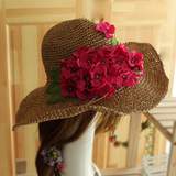 原创手工草帽波西米亚夏季沙滩帽仿真花朵可折叠草编帽子女太阳帽
