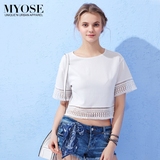 MYOSE2016夏装新款蕾丝短袖上衣女露腰t恤镂空短款修身露脐打底衫