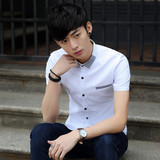 2016夏季新款简约时尚潮流修身衬衣男士青年韩版英伦条纹短袖衬衫
