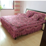 2015品牌高档紫色床盖三件套蕾丝水洗绣花床裙床罩床笠三件套欧式