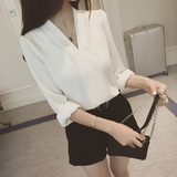 2016春夏韩国新款显瘦V领上衣衬衫纯色长袖女士衬衣 雪纺衫 衬衫
