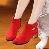 春秋冬季绒面短筒红色低跟圆头裸靴新娘婚鞋粗跟侧拉链及踝靴短靴