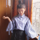 夏季女装韩版复古小清新喇叭袖九分袖宽松休闲条纹衬衫学生上衣潮