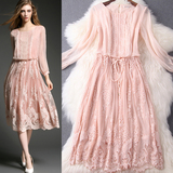 专柜品质2016春装新品中修身时尚长袖连衣裙中长款蕾丝粉色打底裙