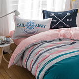 休闲条纹全棉四件套蓝白粉灰色 纯棉斜纹被罩床单1.51.8米双人床
