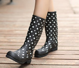包邮正品2015新款女士时尚平跟套鞋雨鞋 波点款超美中高筒雨靴