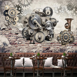 重金属齿轮砖墙壁纸 酒吧复古怀旧3D壁画 咖啡厅KTV茶餐厅墙纸
