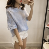 小V家 衬衫女2016夏装新款韩版五分袖大码条纹一字领清新套头上衣
