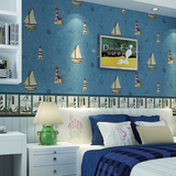 印花中国有图案AB搭配蓝色壁纸墙纸灯塔儿童房地中海航海图