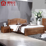 意特尔美国红橡木纯实木家具简约现代雕花床头双人床1.8米特价