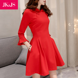 JKJS2016品牌女装修身七分袖春季连衣裙春秋新款红色 修身A字裙子