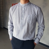 东大门韩国代购男装 舒适立领套头长袖休闲衬衫 条纹混色质感绅士