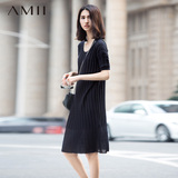 Amii[极简主义]2015夏女装纯色棉质麻花针织大码修身短袖连衣裙