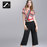 ZK时尚套装两件套条纹拼接上衣阔腿裤七分裤修身显瘦2016夏季新款