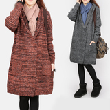 2015秋冬新款 韩版大码中长款毛衣加厚针织开衫连帽大衣外套女装