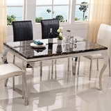 不锈钢餐桌椅组合 简约现代客厅长方形大理石餐台小户型 钢化玻璃