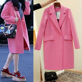 明星同款粉色大衣女韩版茧型中长款羊毛呢外套加棉加厚保暖上衣