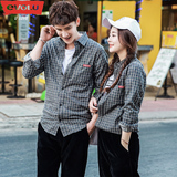 EVOLU2016春装新款情侣装男修身格子衬衫 韩版长袖衬衣青少年休闲