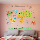 卡通动物世界地图 儿童房卧室幼儿园家装饰贴画贴纸 可移除墙贴