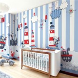 3d卡通墙纸地中海条纹客厅卧室温馨幼儿园儿童房壁纸大型壁画米奇