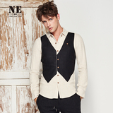 NE2015秋季新品亚麻时尚长袖衬衫男 假两件马甲衬衫拼接英伦衬衣