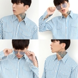 Bigbang权志龙GD杂志同款蓝白条纹长袖情侣衬衫时尚休闲男女衬衣