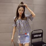 2016夏季新款韩版喇叭袖棉麻短袖上衣女娃娃衫格子宽松衬衫短款