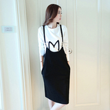 春装新款韩版白色图案上衣搭配黑色长裙时尚流行个性女装两件套装
