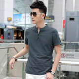 夏季中国风亚麻短袖T恤男式立领纯色polo衫男士棉麻上衣半袖修身