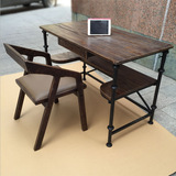 美式复古铁艺实木做旧书桌家用休闲双层带抽屉笔记本电脑桌办公桌