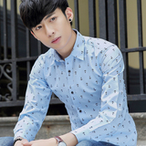夏季长袖白色衬衫男士韩版修身型青少年休闲印花商务衬衣服潮男装