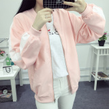 韩国秋季棒球服女式风衣bf风立领拼接粉色学生学院夹克衫女短外套