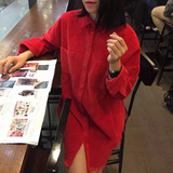 2015年冬季新款韩国范大红下摆须须女装中长款灯芯绒衬衣女式衬衫