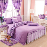 韩式公主 紫色全棉四件套 蕾丝床裙 荷叶边纯色纯棉床上用品
