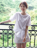 现货韩国代购2016夏季新款韩范女装淑女清新甜美系带条纹纯棉衬衫