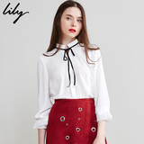 Lily2016秋新款女装蕾丝拼接宽松立领衬衫丝绒带衬衫116310C4506
