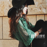 2016新款蕾丝打底衫长袖韩国代购优雅女人灯笼袖墨绿色宽松蕾丝衫