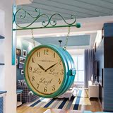 地中海静音铁艺双面挂钟 美式田园钟表 欧式做旧客厅两面时钟表