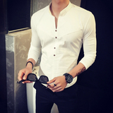 夏季薄款男士长袖衬衫 韩版纯色立领白衬衫秋装青年修身衬衣潮男