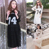 春季新款韩版时尚74号字母印花蕾丝连衣裙+打底背心裙两件套装女
