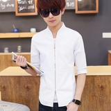 夏季时尚白色男拉链中袖衬衫薄款韩版潮流修身七分袖衬衣半袖衣服