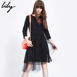 Lily2016夏新款女装黑色蕾丝连衣裙不规则收腰连衣裙116120C7126