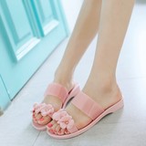 韩版 夏季 女 凉拖鞋 甜美花朵透明水晶款 平底休闲家居拖鞋 包邮