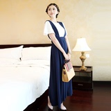 夏季韩版名媛高腰连衣裙两件套大码短袖修身仙女显瘦背带长裙套装