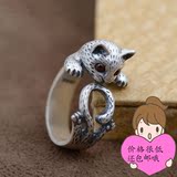 泰银99纯银复古可爱时尚小猫咪仿古日韩韩版个性夸张银戒指女食指