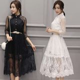 2016夏季新款女装韩版中长款性感修身名媛气质长裙白色蕾丝连衣裙