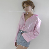 韩国speakundervoice后背交叉镂空设计粉色条纹宽松 衬衫女