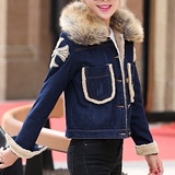 2015冬装韩版女士新款牛仔时尚棉服羊羔毛修身大毛领短款加厚外套